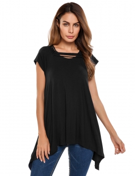 

Black Short Sleeve Solid Irregular Loose Tunics, Multicolor