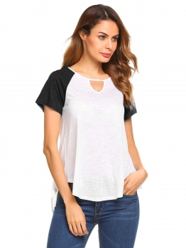 

Black Keyhole O-Neck Short Sleeve Patchwork Irregular Tops, Multicolor