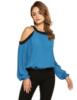 

Blue Cold Shoulder Elastic Hem Contrast Color Chiffon Blouse, Multicolor