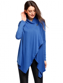 

Blue Collarless Long Sleeve Solid Asymmetrical Pleated Hem Elastic Cardigan, Multicolor