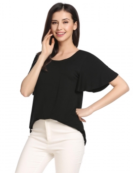 

Black Women's Flounce Sleeve Solid Casual Loose Fit T-Shirt Tops, Multicolor