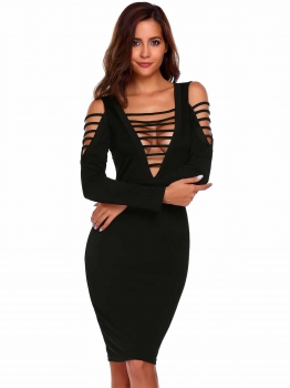 

Black Sexy Long Sleeve Hollow Cold Shoulder Bandage Deep V Neck Bodycon Dress, Multicolor