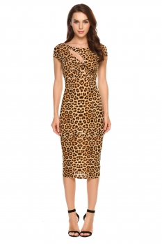 

Dark Leopard Hollow Out O Neck Sexy Bodycon Dress, Multicolor