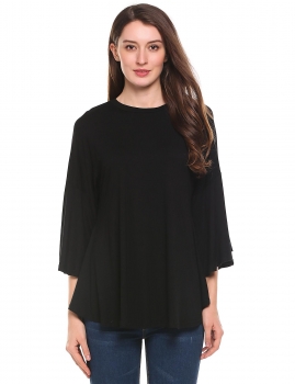 

Black O-Neck 3"4 Flare Sleeve Solid Pleated Elastic Pullover Loose Top, Multicolor