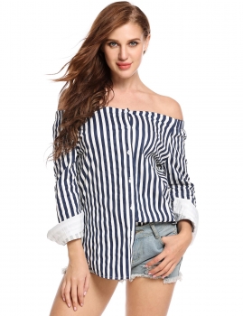 

Blue&White Off the Shoulder Long Sleeve Stripes Button-down Tops, Multicolor