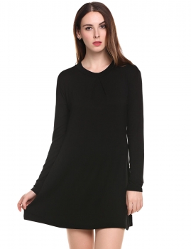 

Black Loose Elastic Solid Pleated O-Neck Long Sleeve Pullover Tunic, Multicolor