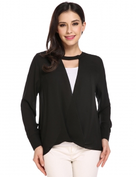 

Black Long Sleeve V Neck Solid Loose Button Crossover Chiffon Blouse, Multicolor