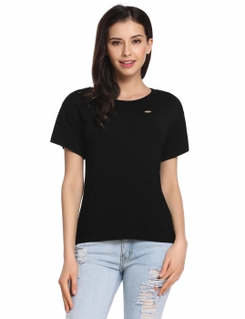 

Black O-Neck Short Sleeve Solid Asymmetrical Hem Elastic Pullover Holes T-Shirt with Pockets, Multicolor