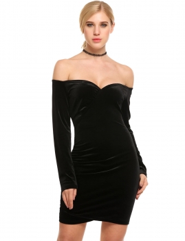 

Black Solid Velvet Off the Shoulder Bodycon Ruched Dress, Multicolor