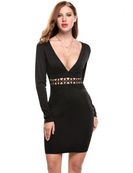 

Black V-Neck Long Sleeve Hollow Lace Patchwork Package Hip Dress, Multicolor