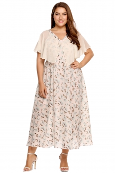 

Beige Plus Size V-Neck Ruffles Floral Print Chiffon Dress, Multicolor