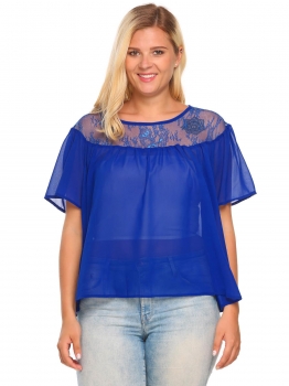 

Blue Sheer Lace Patchwork Short Sleeve Chiffon Casual Loose Blouse, Multicolor