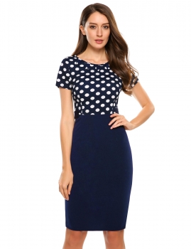 

Dark blue Vintage Style Polka Dot Patchwork Pencil Dress, Multicolor