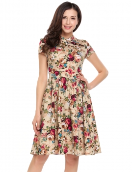 

Beige Vintage Style Stand Collar Cap Sleeve Floral Print Dress, Multicolor