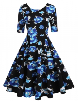 

Black Floral Print Vintage Style Short Sleeve Swing Dress, Multicolor