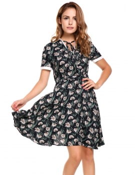

Blue Retro Turn Down Collar Floral Print Casual Dress, Multicolor