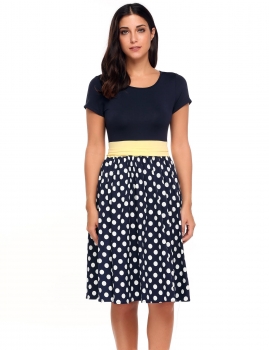 

Blue Ruched Waist Polka Dots Fit and Flare Dress, Multicolor