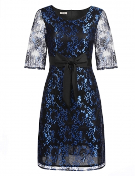 

Blue 3"4 Sleeve Bow Cocktail Floral Lace A-Line Going Out Dress, Multicolor
