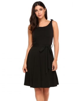 

Black Sleeveless Bow Solid Belted Fit and Flare Dress, Multicolor