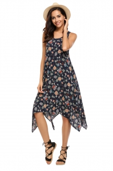 

Blue O-Neck Sleeveless Floral Asymmetry Hem Loose Dress, Multicolor