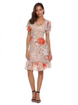 

Pink V-Neck Sleeve Floral Dress with Belt, Multicolor