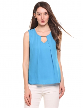 

Blue Hollow Out False Two Pieces Back Button Closure Chiffon Tank Tops, Multicolor