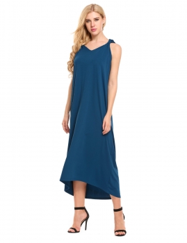 

Blue Sleeveless Solid V Neck Loose Maxi Dress, Multicolor