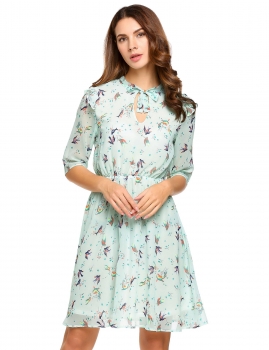 

Blue 3"4 Sleeve Floral Print Bow Tie-Neck A-Line Dress, Multicolor