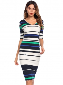 

Blue Women Casual V-Neck Medium Sleeve Striped Package Hip Sexy Pencil Dress, Multicolor
