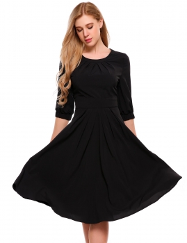 

Black O-Neck Half Sleeve Solid High Waist Pleated Dress, Multicolor