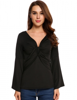 

Black Solid Ruched Flare Sleeve V Neck Pullover Tops, Multicolor
