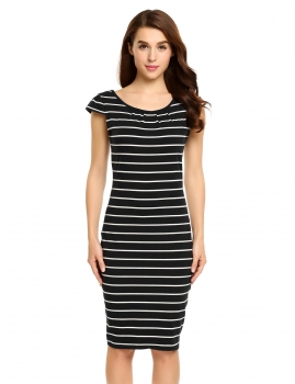 

Black Cap Sleeve Striped Scoop Neck Package Hip Dress With Belt, Multicolor