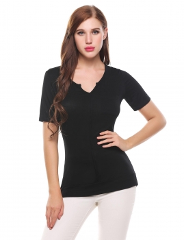 

Black Elastic V-Neck Short Sleeve Solid Pullover T-Shirt with Pockets, Multicolor