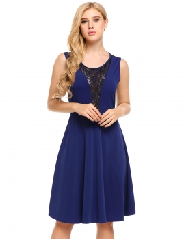 

Blue Sleeveless Lace Patchwork A-Line Dress, Multicolor