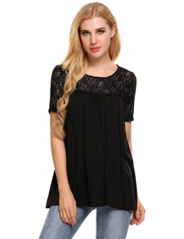 

Black O-Neck Short Sleeve Lace Patchwork Pullover Loose T-Shirts, Multicolor