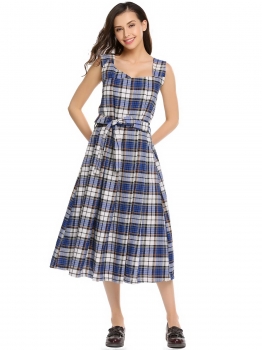 

Black Sleeveless Plaid Fit and Flare Dress with Belt, Multicolor