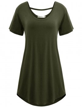 

Army green Double Crew Neck Solid Short Sleeve Loose-fit Tunics, Multicolor