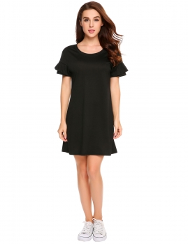 

Black O-Neck Ruffle Sleeve Solid Loose Dress, Multicolor