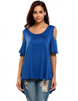 

Blue O-Neck Ruffle Sleeve Asymmetrical Hem Cold Shoulder Tops, Multicolor