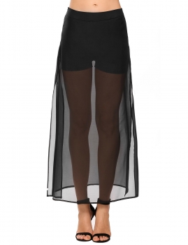 

Black Solid Side Zipper Hem Split See Through Chiffon Skirt, Multicolor