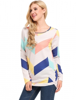 

White Contrast Color Geometric Long Sleeve Button Pullover Top, Multicolor