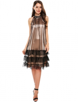 

Brown Stand Collar Sleeveless Ruffles Net Out layer Dress, Multicolor