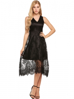 

Black V-Neck Sleeveless Lace Satin Patchwork Midi Dress, Multicolor