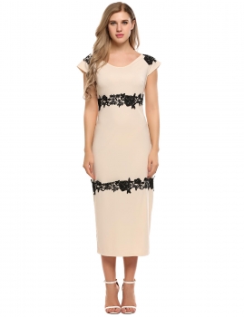 

Beige Cap Sleeve V Neck Applique Maxi Bodycon Dress, Multicolor