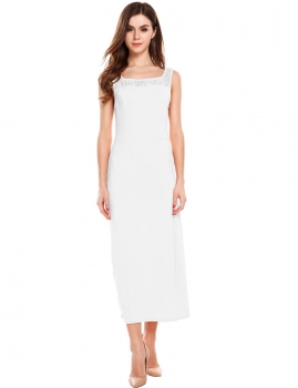 

Beige Lace Hollow Out Patchwork A-Line Hem Maxi Dress, Multicolor