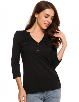 

Black Rolled-Up Sleeve V Neck Solid Slim Henley T-Shirts, Multicolor