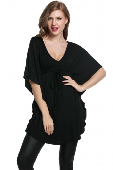 

Black Adjustable Lace-up Asymmetrical Hem Loose Elastic V-Neck Half Sleeve SolidT-Shirts, Multicolor