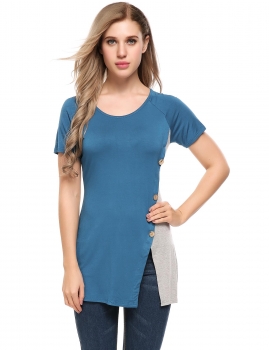 

Blue O-Neck Short Sleeve Contrast Color Split Hem Buttoned T-Shirts, Multicolor