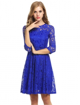 

Royal Blue O-Neck 3"4 Sleeve Floral Lace Zipper A-Line Dress, Multicolor