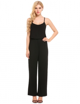 

Black Spaghetti Strap Sleeveless Elastic Waist Full Length Sexy Jumpsuits, Multicolor